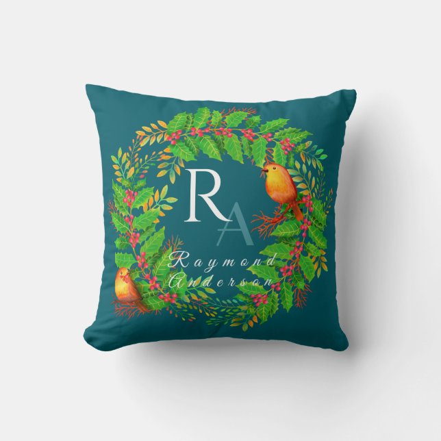 Christmas Wreath Monogram Ocean Blue Cushion (Front)