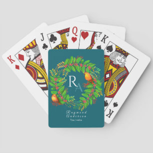 Christmas Wreath Monogram Ocean Blue Playing Cards