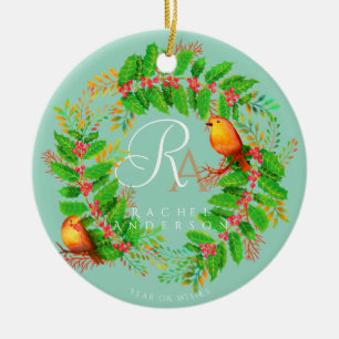 Christmas Wreath Monogram Photo Light Teal Ceramic Tree Decoration