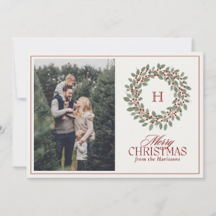 Christmas Wreath Monogram Photo Merry Christmas  Holiday Card