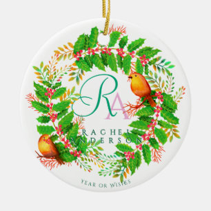 Christmas Wreath Monogram Photo White Ceramic Tree Decoration