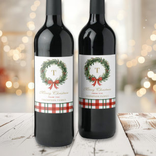 Christmas Wreath Monogram Plaid Family Name Wine Label
