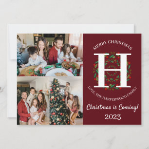 Christmas Wreath Monogram Script Family Photo Holiday Card