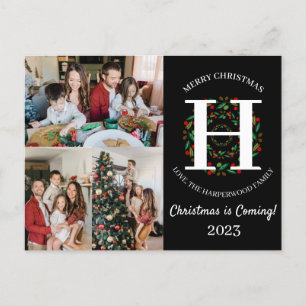  Christmas Wreath Monogram Script Family Photo  Holiday Postcard