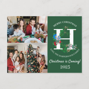  Christmas Wreath Monogram Script Family Photo  Holiday Postcard