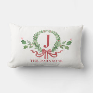 Christmas Wreath Monogram With Name Lumbar Cushion
