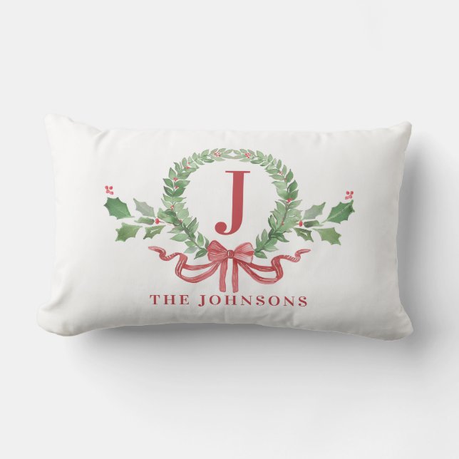 Christmas Wreath Monogram With Name Lumbar Cushion (Front)