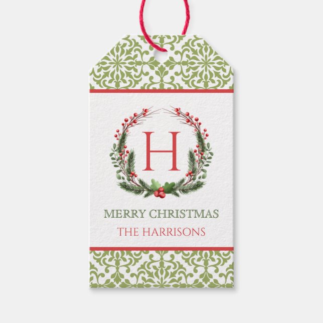 Christmas Wreath Monogrammed Gift Tags (Front)