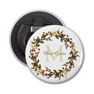 Christmas Wreath Monogrammed Initial Bottle Opener