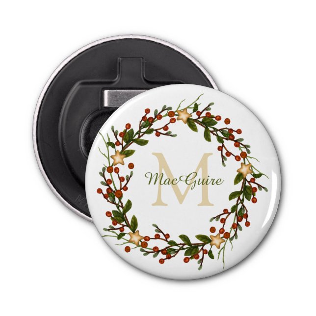 Christmas Wreath Monogrammed Initial Bottle Opener (Front)