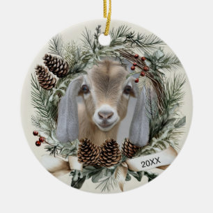 Christmas Wreath Nubian Goat Ceramic Tree Decoration