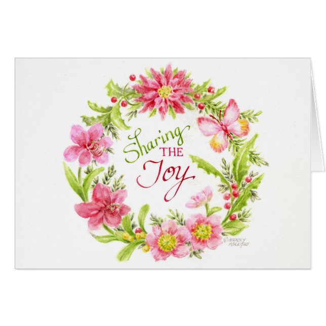 Christmas Wreath of Flowers Cards Sharing the Joy (Front Horizontal)