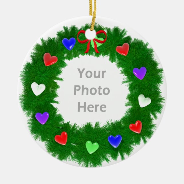 Christmas Wreath of Hearts Photo Ceramic Tree Decoration (Front)