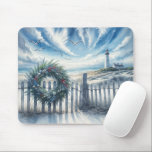 Christmas Wreath On a Beach Fence Mouse Pad<br><div class="desc">A wreath decorated with seashells and greenery adorns a wooden fence,  while a lighthouse stands near the ocean under a sky filled with dramatic clouds and soaring seagulls</div>