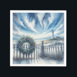 Christmas Wreath On a Beach Fence Napkin<br><div class="desc">A wreath decorated with seashells and greenery adorns a wooden fence,  while a lighthouse stands near the ocean under a sky filled with dramatic clouds and soaring seagulls</div>