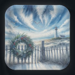 Christmas Wreath On a Beach Fence Paper Plate<br><div class="desc">A wreath decorated with seashells and greenery adorns a wooden fence,  while a lighthouse stands near the ocean under a sky filled with dramatic clouds and soaring seagulls</div>