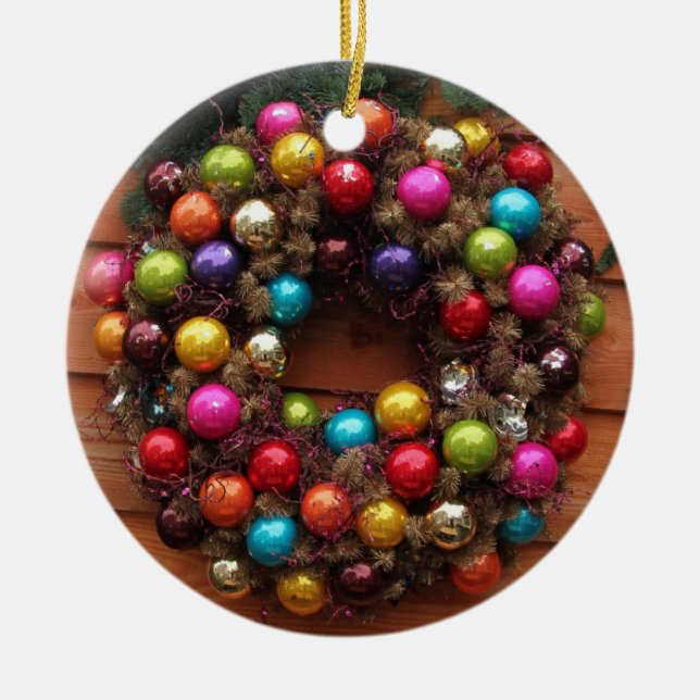 Christmas wreath on door - coloured balls ceramic tree decoration (Front)