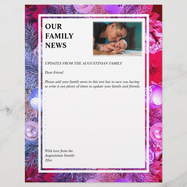 Christmas Wreath | OUR FAMILY NEWS with Photo Custom Letterhead (Front)