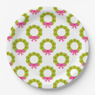 Christmas Wreath Pattern – Pink Bow Holiday Design Paper Plate