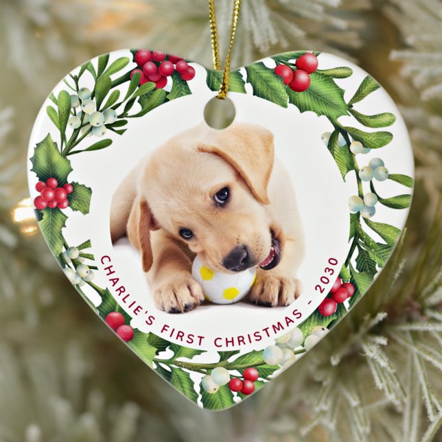 Christmas Wreath Personalised Dog Photo Heart Ceramic Tree Decoration (Creator Uploaded)
