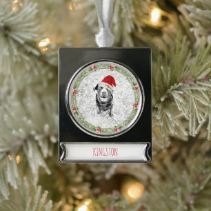 Christmas Wreath Pet PHOTO NAME Holiday Family Silver Plated Banner Ornament