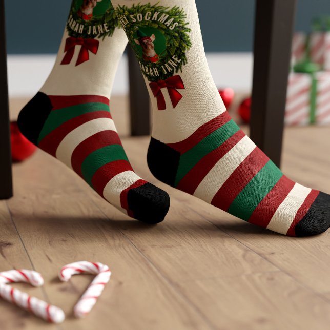 Christmas Wreath Pet Photo Striped Christmas Socks (Festive socks for you to add your best friend's photo. Merry Sockmas!)