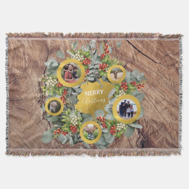 Christmas Wreath Photo Collage Holiday Photo Throw Blanket (Front)