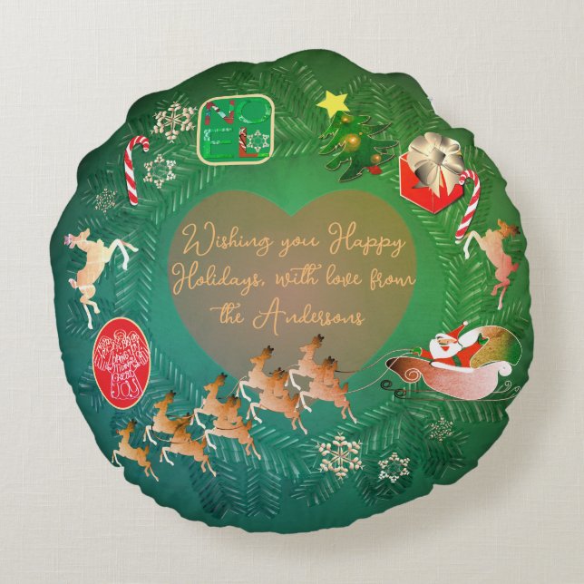 Christmas Wreath + Photo Flat Holiday Card Round Cushion (Back)
