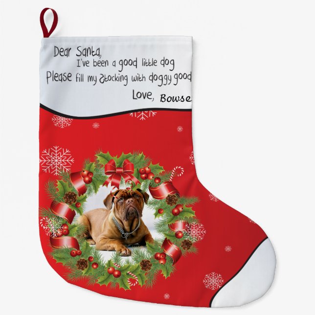 Christmas Wreath PHOTO FRAME for Your Dog's Photo Large Christmas Stocking (Front)