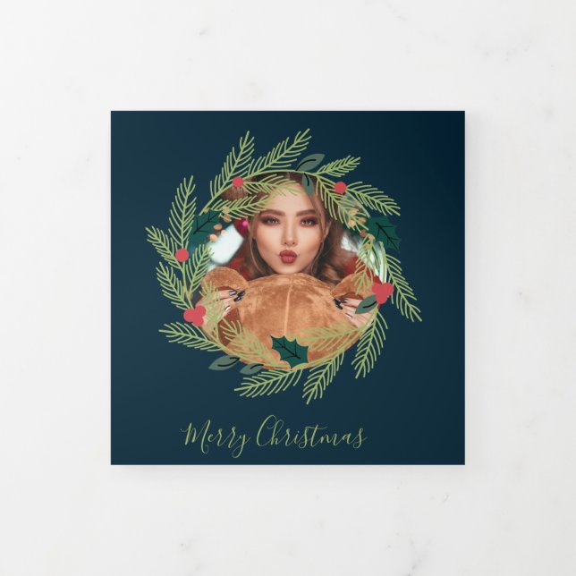 Christmas Wreath  Photo Personalised Christmas Tri-Fold Holiday Card (Cover)