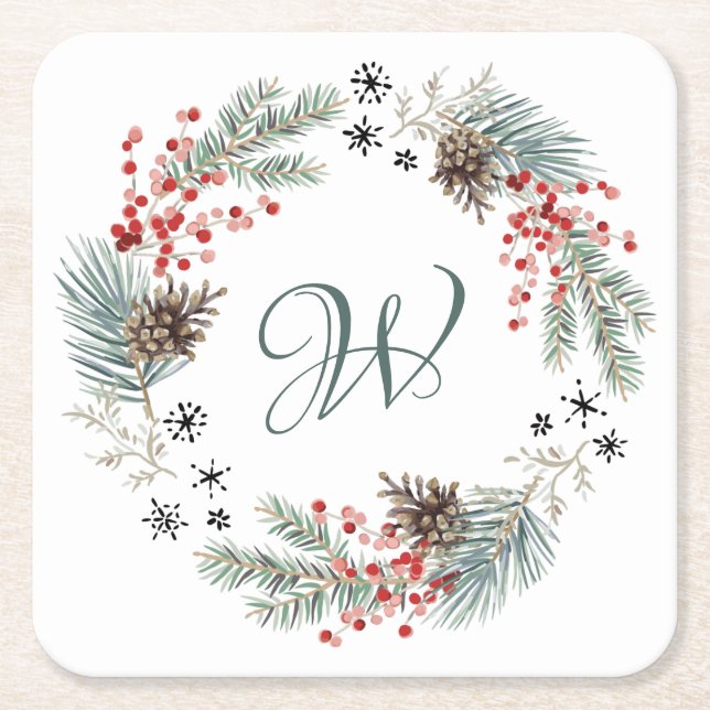 Christmas Wreath Pine Berry Snowflakes Monogram Square Paper Coaster (Front)