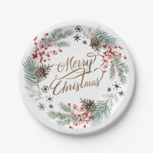 Christmas Wreath Pine Berry Snowflakes Paper Plate