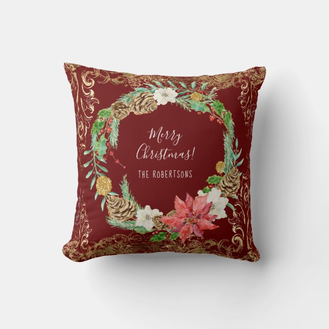 Christmas Wreath Pine Cone Floral Gold Swirls Name Cushion (Front)
