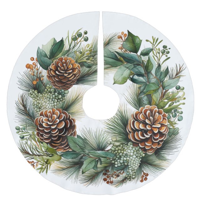 Christmas Wreath Pine Cones Greenery Brushed Polyester Tree Skirt (Front)