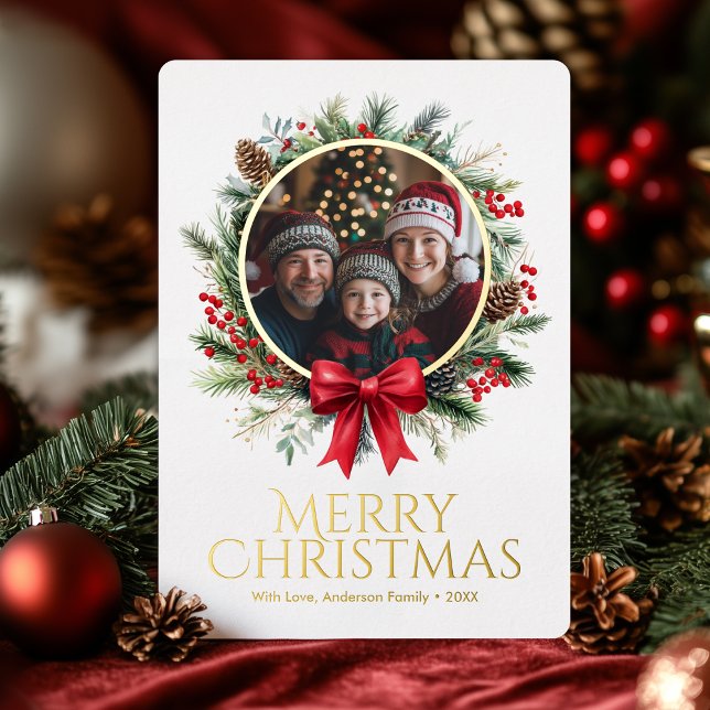 Christmas Wreath Pine Leaves Holly Berries Photo (Christmas Wreath Pine Leaves Holly Berries Photo Foil Holiday Card)