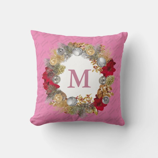 Christmas Wreath Pink MONOGRAM Cushion (Front)