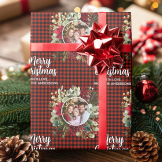Christmas Wreath Plaids Family Photo Personalized Wrapping Paper