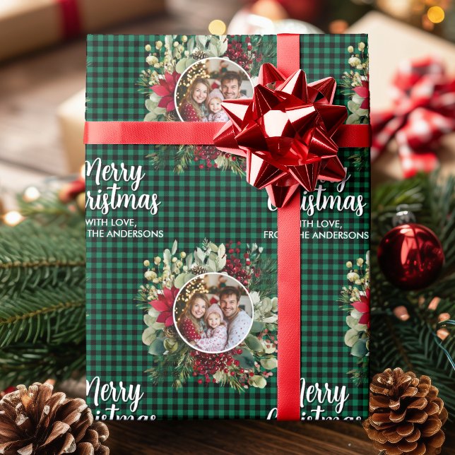 Christmas Wreath Plaids Family Photo Personalized Wrapping Paper (Christmas Wreath Plaids Family Photo Personalized Wrapping Paper)