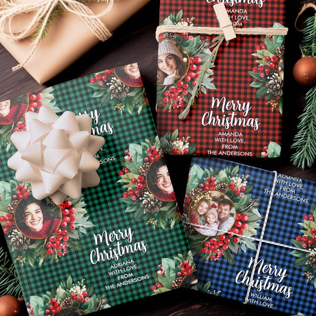 Christmas Wreath Plaids Family Photos Personalized Wrapping Paper Sheet (Christmas Wreath Plaids Family Photos Personalized Wrapping Paper Sheets)