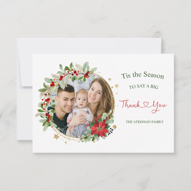 Christmas Wreath Poinsettia Photo Thank You card (Front)