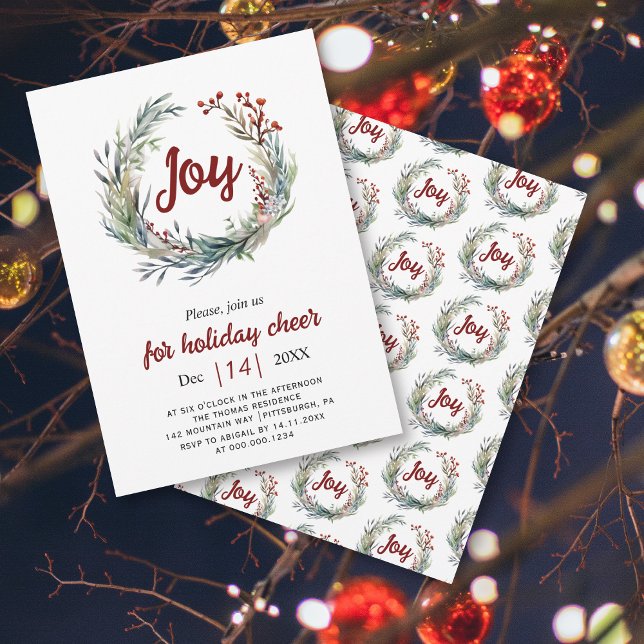 Christmas wreath, red berries Joy Christmas party Invitation (Creator Uploaded)