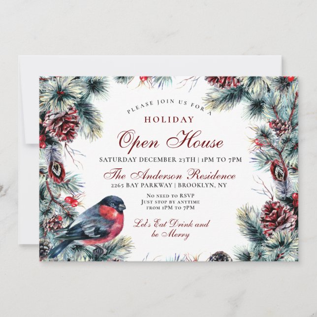 Christmas Wreath & Red Bird Holiday Open House Invitation (Front)