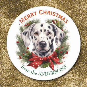 Christmas Wreath Red Bow Dalmatian Dog Classic Round Sticker