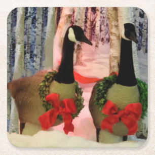 Christmas wreath red bow geese snow square paper coaster