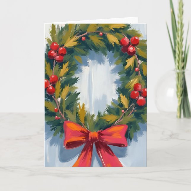 Christmas Wreath Red Bow Holiday Card (Front)