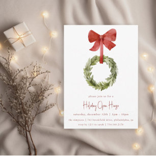 Christmas Wreath Red Bow   Holiday Open House Invitation