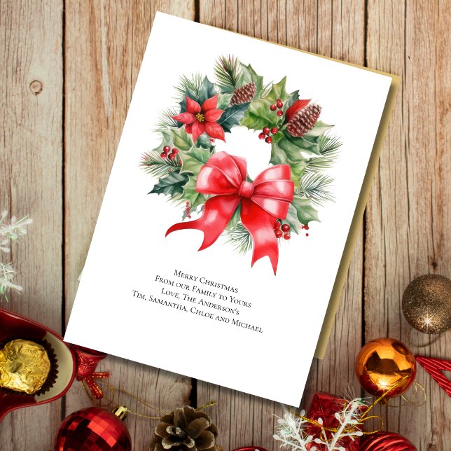 Christmas Wreath Red Bow Holly Holiday Card (Christmas Wreath with Poinsettia Holly and Pine Cones Christmas Holiday card)
