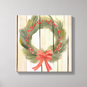 Christmas Wreath Red Bow   Pretty Pine Watercolor Canvas Print