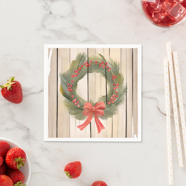 Christmas Wreath Red Bow | Pretty Pine Watercolor Napkin (Insitu)