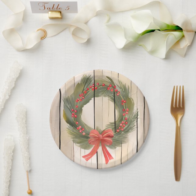 Christmas Wreath Red Bow | Pretty Pine Watercolor Paper Plate (Wedding)